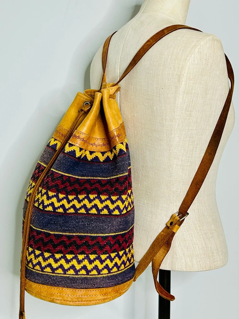 Vintage Handwoven Kilim Backpack Bucket Bag, Drawstring, Tribal Pattern, Leather